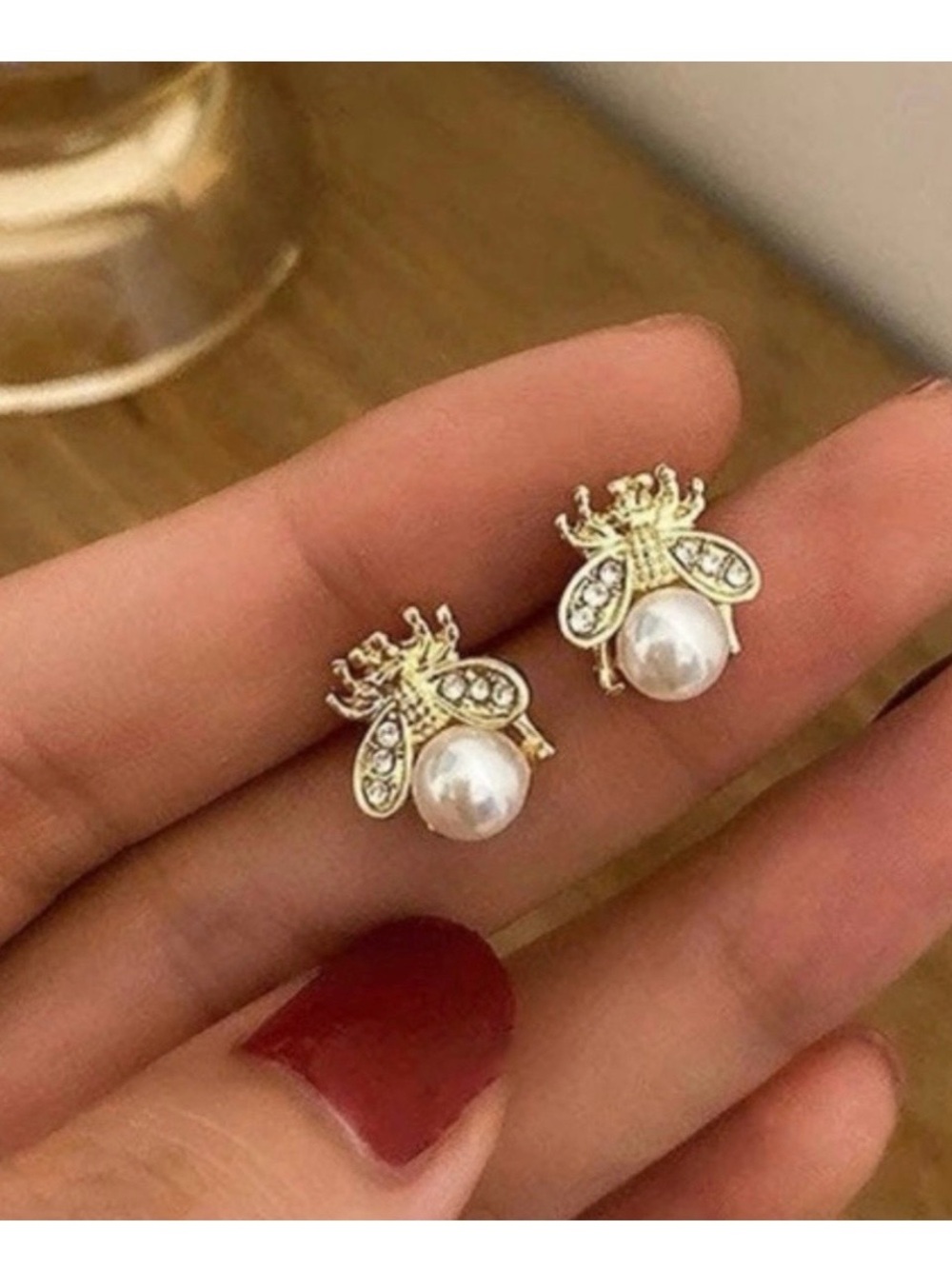 Gold Bee Pearl Stud Earrings for Women